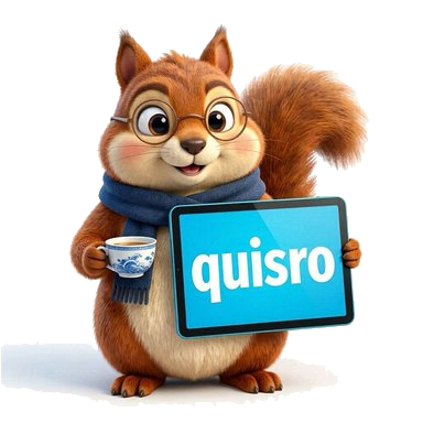 Quisro the squirrel mascot holding a tablet